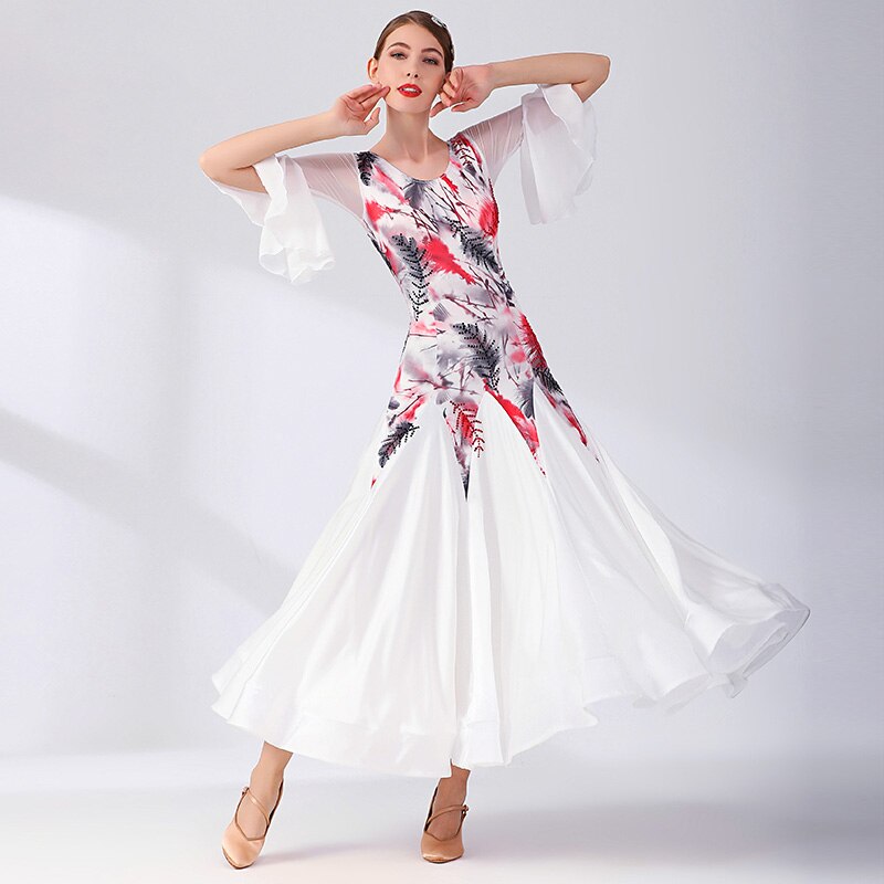 白モダンダンスドレスセクシーな社交ダンス衣装スタンダードダンスドレスワルツドレスのパフォーマンスの衣類 | 社交ダンスアウトレット